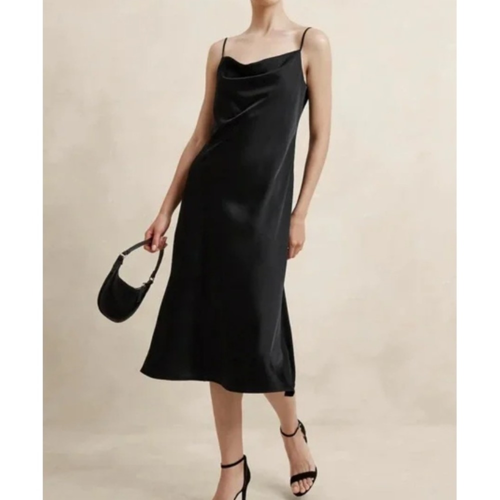 Banana Republic‎ Black Satin Cowl Neck Maxi Slip Dress XXL Minimal Quiet Luxury